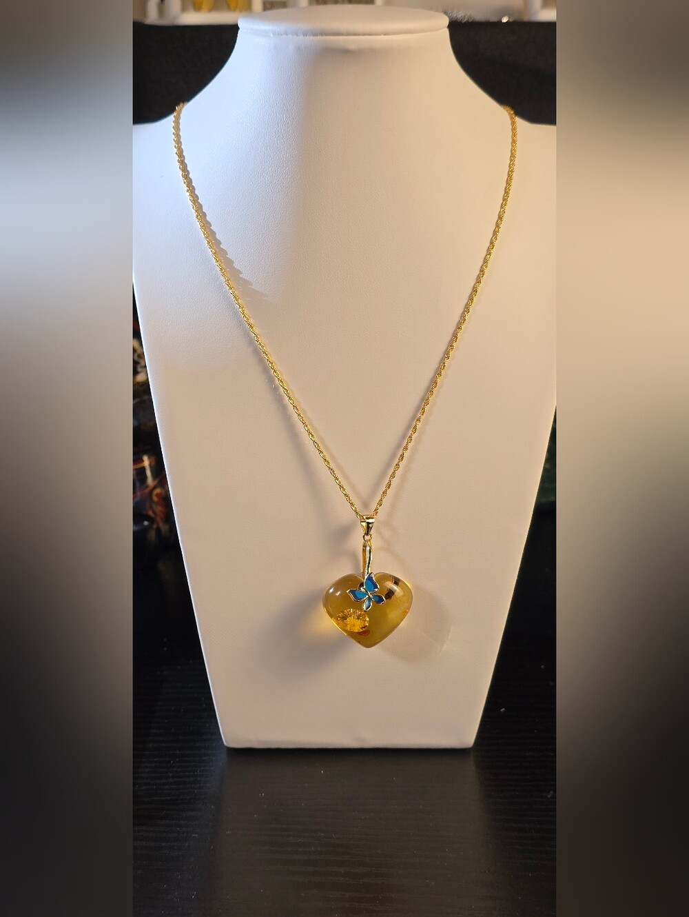 Gold Over Sterling Silver 925 Heart Shaped Amber W/ Butterfly Pendant Necklace
